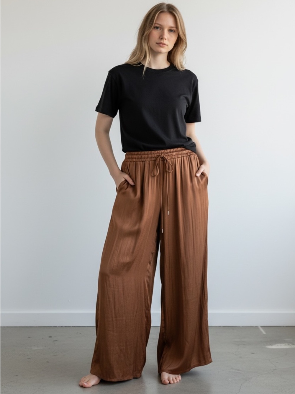 Rachel Zoe Wide-Leg Satin Drawstring Pants - Brown